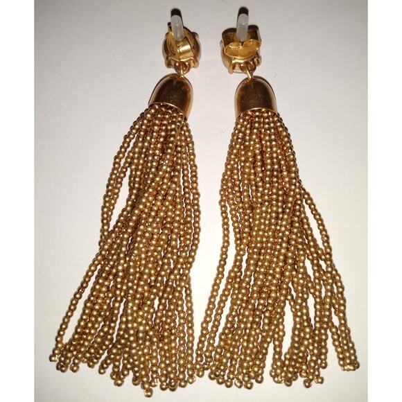 Rhinestone & Gold Seed Bead Tassel Drop Dangle Earrings Unbranded NEW - Picture 2 of 3